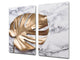 Induction Cooktop Cover Kitchen Board – Impact Resistant Glass Pastry Board – Heat resistant; MEASURES: SINGLE: 60 x 52 cm (23,62” x 20,47”); DOUBLE: 30 x 52 cm (11,81” x 20,47”); D31 Tropical Leaves Series: Golden leaf on marble