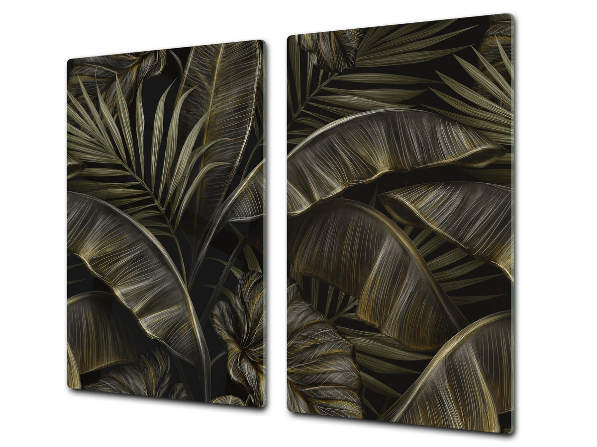 Induction Cooktop Cover Kitchen Board – Impact Resistant Glass Pastry Board – Heat resistant; MEASURES: SINGLE: 60 x 52 cm (23,62” x 20,47”); DOUBLE: 30 x 52 cm (11,81” x 20,47”); D31 Tropical Leaves Series: Exotic pattern 1