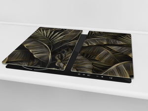 Induction Cooktop Cover Kitchen Board – Impact Resistant Glass Pastry Board – Heat resistant; MEASURES: SINGLE: 60 x 52 cm (23,62” x 20,47”); DOUBLE: 30 x 52 cm (11,81” x 20,47”); D31 Tropical Leaves Series: Exotic pattern 1