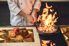 Tempered GLASS Cutting Board – Worktop saver and Pastry Board – Glass Kitchen Board; MEASURES: SINGLE: 60 x 52 cm (23,62” x 20,47”); DOUBLE: 30 x 52 cm (11,81” x 20,47”); D28 Golden Waves Series: Golden crystals