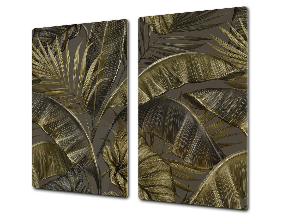 Induction Cooktop Cover Kitchen Board – Impact Resistant Glass Pastry Board – Heat resistant; MEASURES: SINGLE: 60 x 52 cm (23,62” x 20,47”); DOUBLE: 30 x 52 cm (11,81” x 20,47”); D31 Tropical Leaves Series: Dark banana leaves