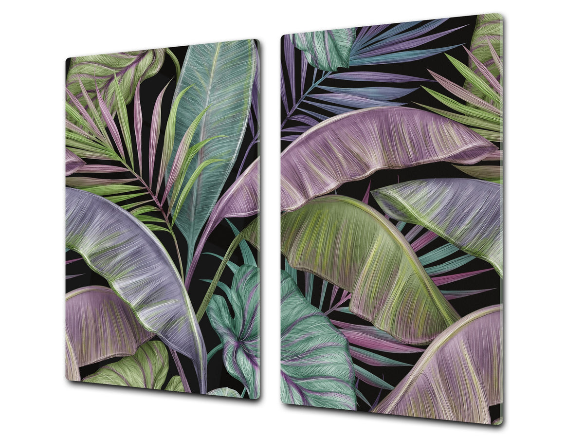 Induction Cooktop Cover Kitchen Board – Impact Resistant Glass Pastry Board – Heat resistant; MEASURES: SINGLE: 60 x 52 cm (23,62” x 20,47”); DOUBLE: 30 x 52 cm (11,81” x 20,47”); D31 Tropical Leaves Series: Exotic pattern 2