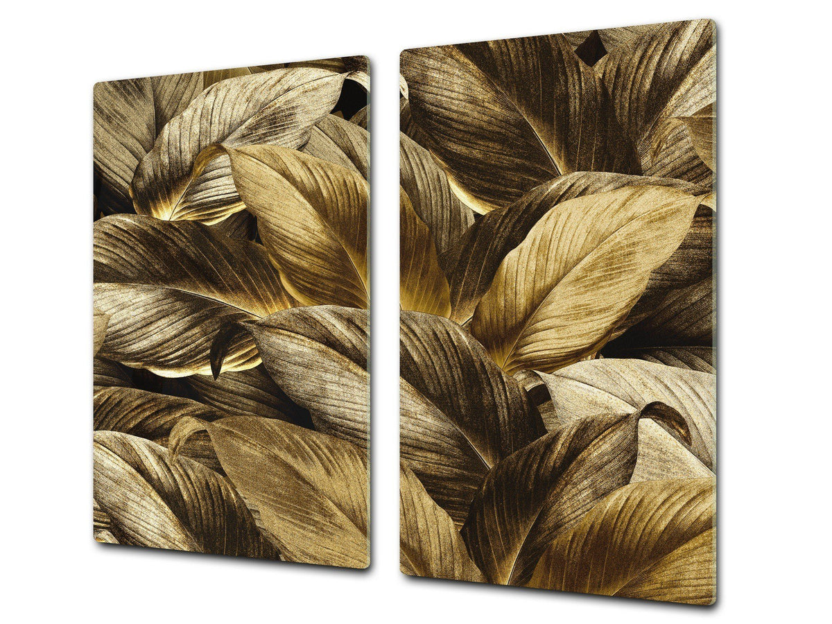 Induction Cooktop Cover Kitchen Board – Impact Resistant Glass Pastry Board – Heat resistant; MEASURES: SINGLE: 60 x 52 cm (23,62” x 20,47”); DOUBLE: 30 x 52 cm (11,81” x 20,47”); D31 Tropical Leaves Series: Precious leaves
