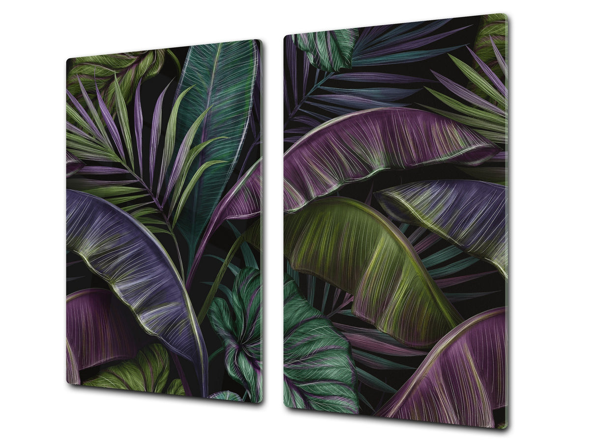 Induction Cooktop Cover Kitchen Board – Impact Resistant Glass Pastry Board – Heat resistant; MEASURES: SINGLE: 60 x 52 cm (23,62” x 20,47”); DOUBLE: 30 x 52 cm (11,81” x 20,47”); D31 Tropical Leaves Series: Dark exotic pattern