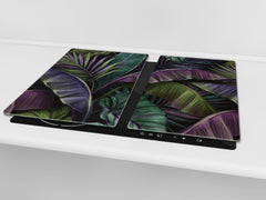 Induction Cooktop Cover Kitchen Board – Impact Resistant Glass Pastry Board – Heat resistant; MEASURES: SINGLE: 60 x 52 cm (23,62” x 20,47”); DOUBLE: 30 x 52 cm (11,81” x 20,47”); D31 Tropical Leaves Series: Dark exotic pattern