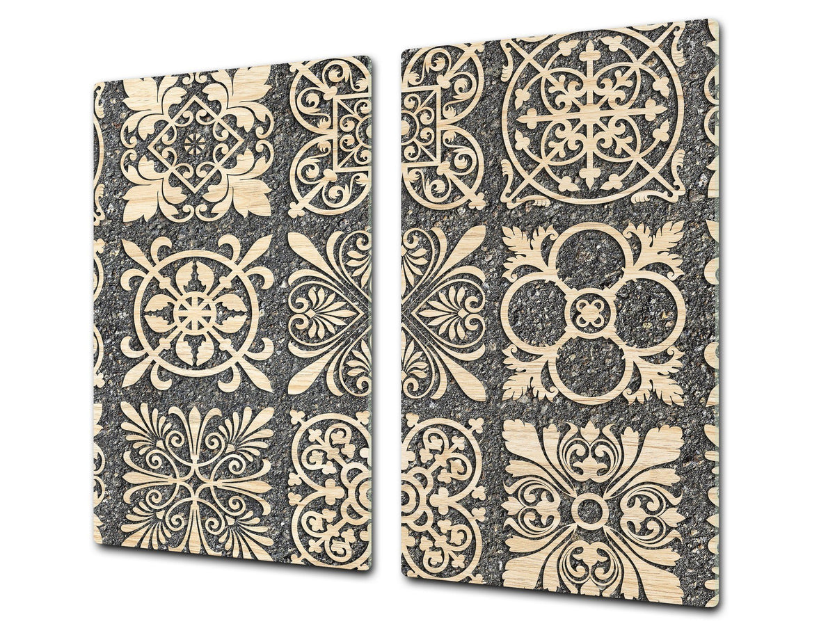 Tempered GLASS Kitchen Board – Impact & Scratch Resistant D27 Vintage leaves and patterns Series: Sculpted mosaic pattern