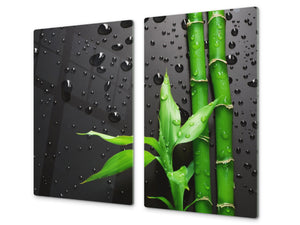 Tabla de cortar decorativa de cristal templado y cubre vitro – Dos en Uno – Resistente a golpes y arañazo; D08 Serie Naturaleza: Bambú con gotas