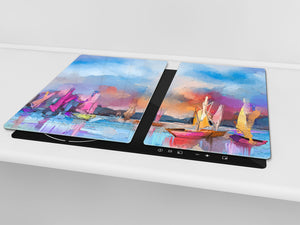 Induction Cooktop Cover –Shatter Resistant Glass Kitchen Board – Hob cover; MEASURES: SINGLE: 60 x 52 cm (23,62” x 20,47”); DOUBLE: 30 x 52 cm (11,81” x 20,47”); D32 Paintings Series: Impressionist seascape