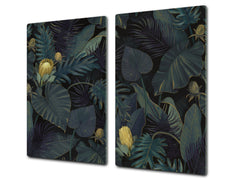 Induction Cooktop Cover Kitchen Board – Impact Resistant Glass Pastry Board – Heat resistant; MEASURES: SINGLE: 60 x 52 cm (23,62” x 20,47”); DOUBLE: 30 x 52 cm (11,81” x 20,47”); D31 Tropical Leaves Series: Leafy wallpaper
