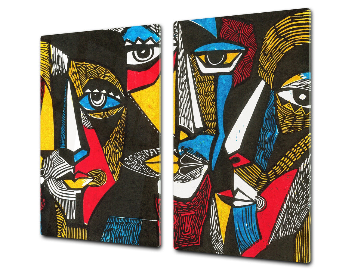 Induction Cooktop Cover –Shatter Resistant Glass Kitchen Board – Hob cover; MEASURES: SINGLE: 60 x 52 cm (23,62” x 20,47”); DOUBLE: 30 x 52 cm (11,81” x 20,47”); D32 Paintings Series: Surreal coloured faces