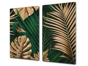Induction Cooktop Cover Kitchen Board – Impact Resistant Glass Pastry Board – Heat resistant; MEASURES: SINGLE: 60 x 52 cm (23,62” x 20,47”); DOUBLE: 30 x 52 cm (11,81” x 20,47”); D31 Tropical Leaves Series: Creative nature background