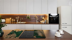 Induction Cooktop Cover Kitchen Board – Impact Resistant Glass Pastry Board – Heat resistant; MEASURES: SINGLE: 60 x 52 cm (23,62” x 20,47”); DOUBLE: 30 x 52 cm (11,81” x 20,47”); D31 Tropical Leaves Series: Creative nature background