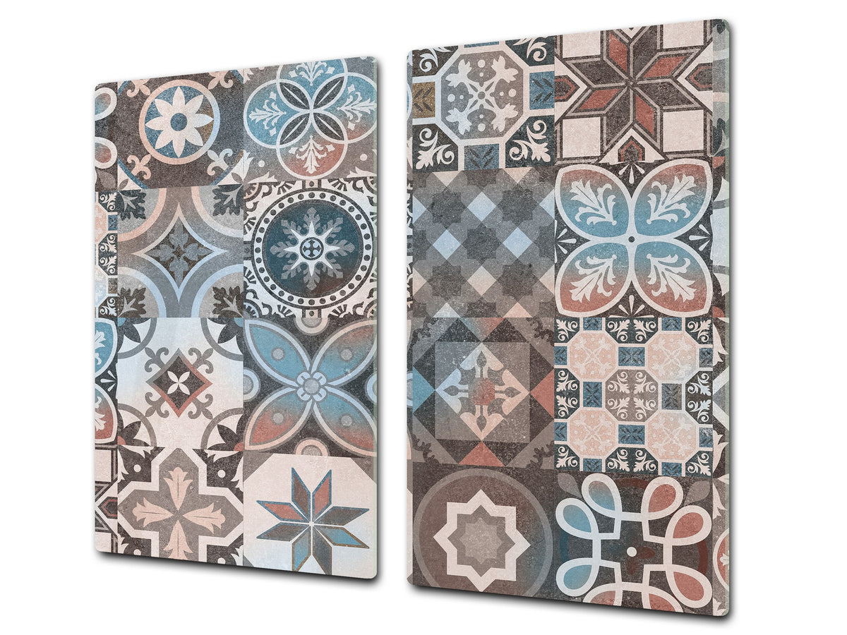 Tempered GLASS Kitchen Board – Impact & Scratch Resistant D27 Vintage leaves and patterns Series: Spanish mosaic tiles