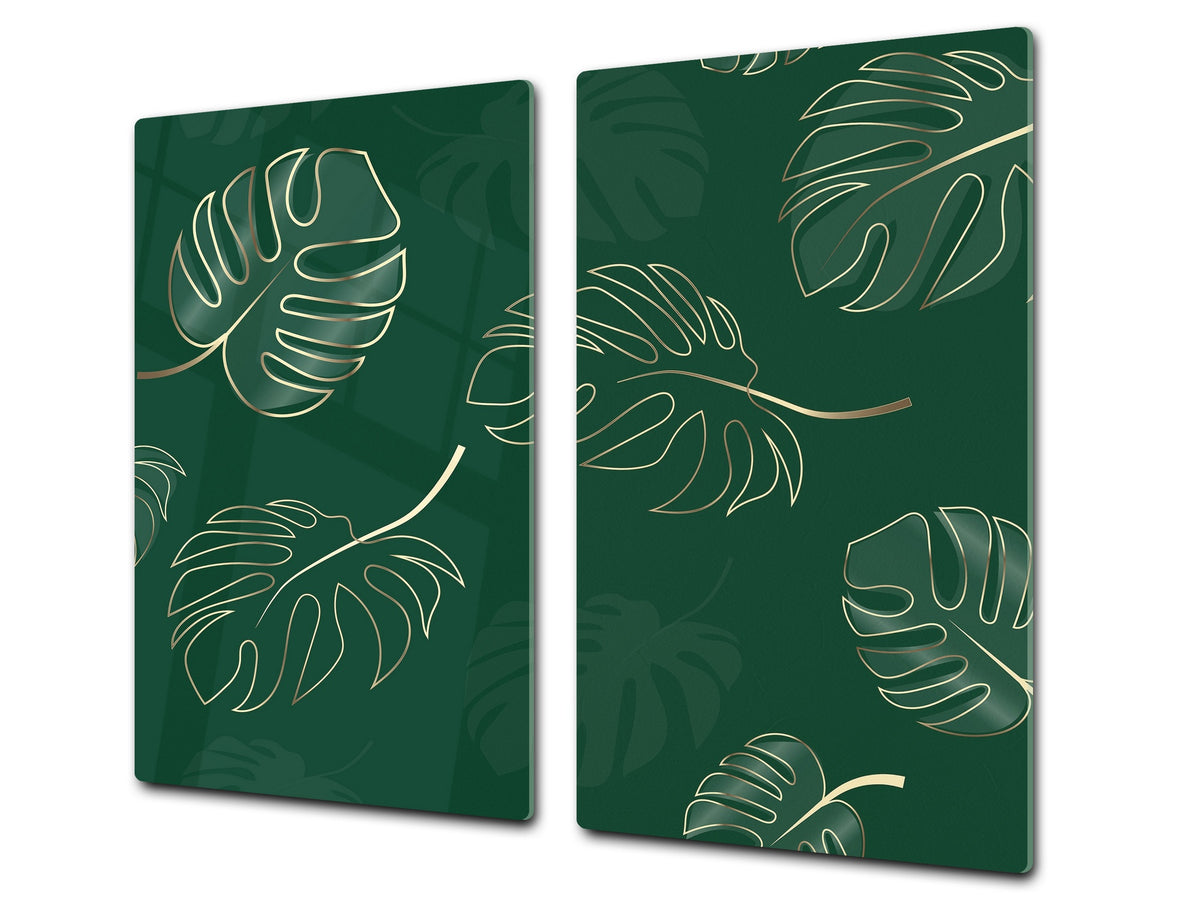 Induction Cooktop Cover Kitchen Board – Impact Resistant Glass Pastry Board – Heat resistant; MEASURES: SINGLE: 60 x 52 cm (23,62” x 20,47”); DOUBLE: 30 x 52 cm (11,81” x 20,47”); D31 Tropical Leaves Series: Modern monstera leaves