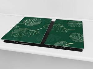 Induction Cooktop Cover Kitchen Board – Impact Resistant Glass Pastry Board – Heat resistant; MEASURES: SINGLE: 60 x 52 cm (23,62” x 20,47”); DOUBLE: 30 x 52 cm (11,81” x 20,47”); D31 Tropical Leaves Series: Modern monstera leaves