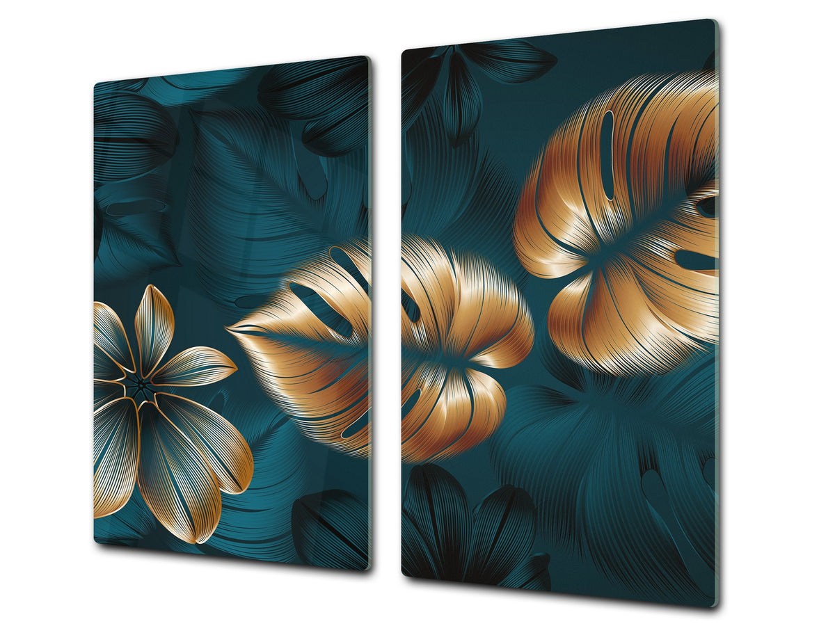 Induction Cooktop Cover Kitchen Board – Impact Resistant Glass Pastry Board – Heat resistant; MEASURES: SINGLE: 60 x 52 cm (23,62” x 20,47”); DOUBLE: 30 x 52 cm (11,81” x 20,47”); D31 Tropical Leaves Series: Shining luxury leaves