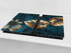 Induction Cooktop Cover Kitchen Board – Impact Resistant Glass Pastry Board – Heat resistant; MEASURES: SINGLE: 60 x 52 cm (23,62” x 20,47”); DOUBLE: 30 x 52 cm (11,81” x 20,47”); D31 Tropical Leaves Series: Shining luxury leaves