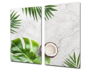 Induction Cooktop Cover Kitchen Board – Impact Resistant Glass Pastry Board – Heat resistant; MEASURES: SINGLE: 60 x 52 cm (23,62” x 20,47”); DOUBLE: 30 x 52 cm (11,81” x 20,47”); D31 Tropical Leaves Series: Summer concept