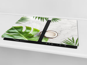 Induction Cooktop Cover Kitchen Board – Impact Resistant Glass Pastry Board – Heat resistant; MEASURES: SINGLE: 60 x 52 cm (23,62” x 20,47”); DOUBLE: 30 x 52 cm (11,81” x 20,47”); D31 Tropical Leaves Series: Summer concept
