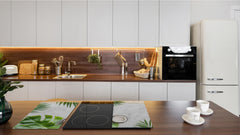 Induction Cooktop Cover Kitchen Board – Impact Resistant Glass Pastry Board – Heat resistant; MEASURES: SINGLE: 60 x 52 cm (23,62” x 20,47”); DOUBLE: 30 x 52 cm (11,81” x 20,47”); D31 Tropical Leaves Series: Summer concept