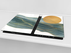 Tempered GLASS Kitchen Board – Impact & Scratch Resistant D27 Vintage leaves and patterns Series: Gold abstract lines