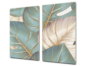 Induction Cooktop Cover Kitchen Board – Impact Resistant Glass Pastry Board – Heat resistant; MEASURES: SINGLE: 60 x 52 cm (23,62” x 20,47”); DOUBLE: 30 x 52 cm (11,81” x 20,47”); D31 Tropical Leaves Series: Romantic monstera pattern