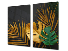 Induction Cooktop Cover Kitchen Board – Impact Resistant Glass Pastry Board – Heat resistant; MEASURES: SINGLE: 60 x 52 cm (23,62” x 20,47”); DOUBLE: 30 x 52 cm (11,81” x 20,47”); D31 Tropical Leaves Series: Painted gold leaves