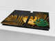 Induction Cooktop Cover Kitchen Board – Impact Resistant Glass Pastry Board – Heat resistant; MEASURES: SINGLE: 60 x 52 cm (23,62” x 20,47”); DOUBLE: 30 x 52 cm (11,81” x 20,47”); D31 Tropical Leaves Series: Painted gold leaves