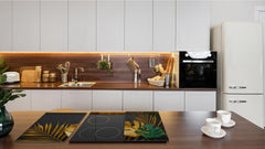 Induction Cooktop Cover Kitchen Board – Impact Resistant Glass Pastry Board – Heat resistant; MEASURES: SINGLE: 60 x 52 cm (23,62” x 20,47”); DOUBLE: 30 x 52 cm (11,81” x 20,47”); D31 Tropical Leaves Series: Painted gold leaves