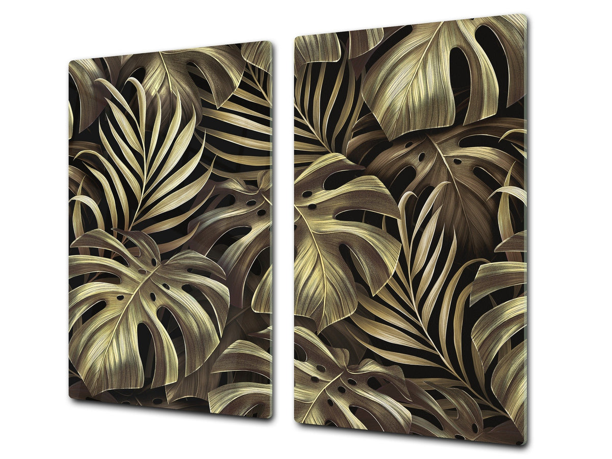 Induction Cooktop Cover Kitchen Board – Impact Resistant Glass Pastry Board – Heat resistant; MEASURES: SINGLE: 60 x 52 cm (23,62” x 20,47”); DOUBLE: 30 x 52 cm (11,81” x 20,47”); D31 Tropical Leaves Series: Exotic vintage