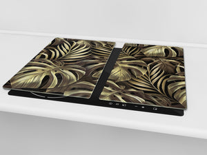 Induction Cooktop Cover Kitchen Board – Impact Resistant Glass Pastry Board – Heat resistant; MEASURES: SINGLE: 60 x 52 cm (23,62” x 20,47”); DOUBLE: 30 x 52 cm (11,81” x 20,47”); D31 Tropical Leaves Series: Exotic vintage