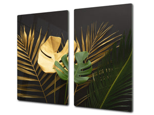 Induction Cooktop Cover Kitchen Board – Impact Resistant Glass Pastry Board – Heat resistant; MEASURES: SINGLE: 60 x 52 cm (23,62” x 20,47”); DOUBLE: 30 x 52 cm (11,81” x 20,47”); D31 Tropical Leaves Series: Leave texture on black background