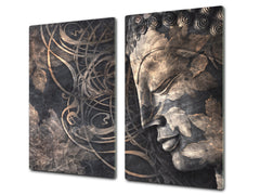 Chopping Board Set - Induction Cooktop Cover – Glass Cutting Board; MEASURES: SINGLE: 60 x 52 cm (23,62” x 20,47”); DOUBLE: 30 x 52 cm (11,81” x 20,47”); D33 Abstract Graphics Series: Buddha digital art