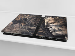 Chopping Board Set - Induction Cooktop Cover – Glass Cutting Board; MEASURES: SINGLE: 60 x 52 cm (23,62” x 20,47”); DOUBLE: 30 x 52 cm (11,81” x 20,47”); D33 Abstract Graphics Series: Buddha digital art