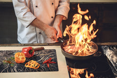 Chopping Board Set - Induction Cooktop Cover – Glass Cutting Board; MEASURES: SINGLE: 60 x 52 cm (23,62” x 20,47”); DOUBLE: 30 x 52 cm (11,81” x 20,47”); D33 Abstract Graphics Series: Buddha digital art