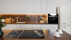 Chopping Board Set - Induction Cooktop Cover – Glass Cutting Board; MEASURES: SINGLE: 60 x 52 cm (23,62” x 20,47”); DOUBLE: 30 x 52 cm (11,81” x 20,47”); D33 Abstract Graphics Series: Buddha digital art