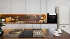 Tempered GLASS Cutting Board – Worktop saver and Pastry Board –- Glass Kitchen Board; MEASURES: SINGLE: 60 x 52 cm (23,62” x 20,47”); DOUBLE: 30 x 52 cm (11,81” x 20,47”); D28 Golden Waves Series: Elegant golden background