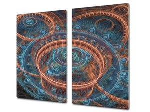 Chopping Board Set - Induction Cooktop Cover – Glass Cutting Board; MEASURES: SINGLE: 60 x 52 cm (23,62” x 20,47”); DOUBLE: 30 x 52 cm (11,81” x 20,47”); D33 Abstract Graphics Series: Fiery wheels