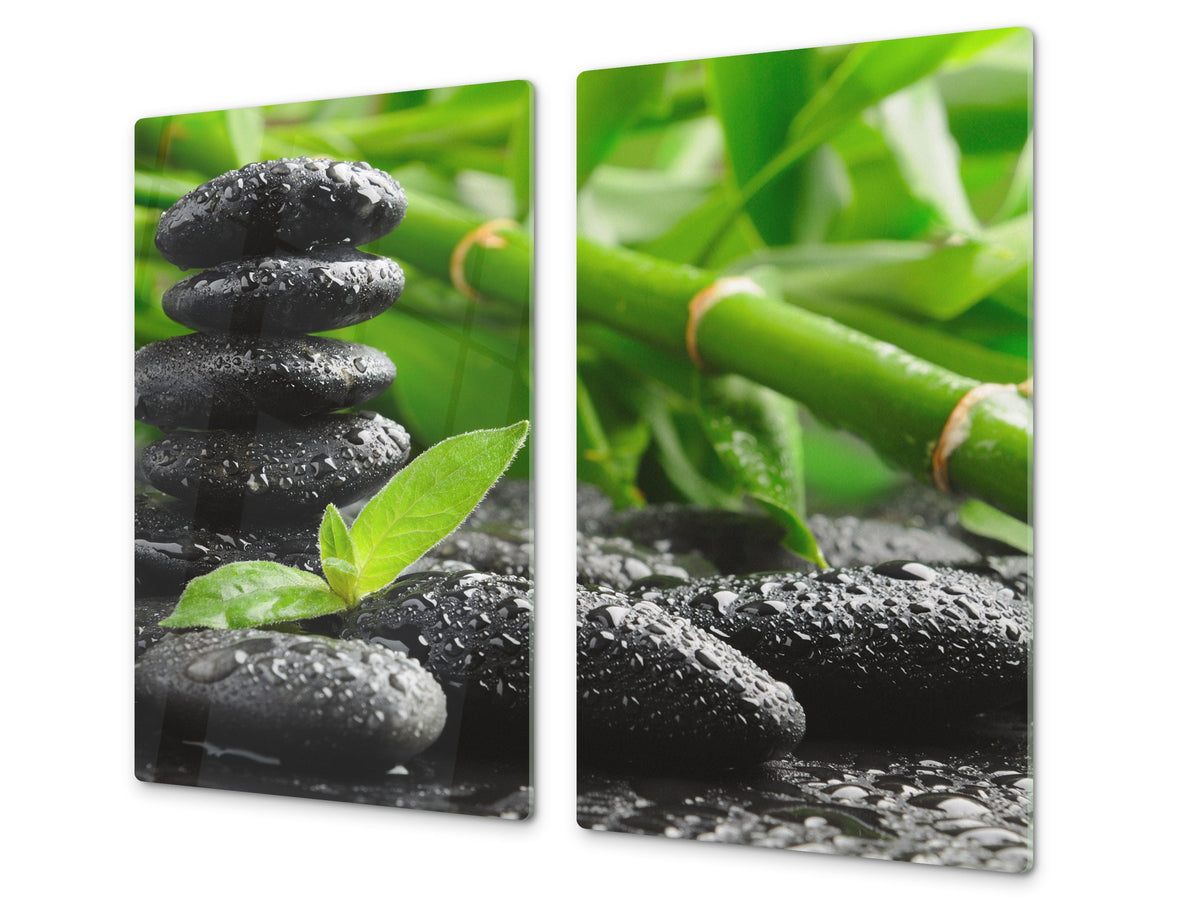 Planche à découper en verre trempé ; D08  Série Nature: Bambou avec pierres