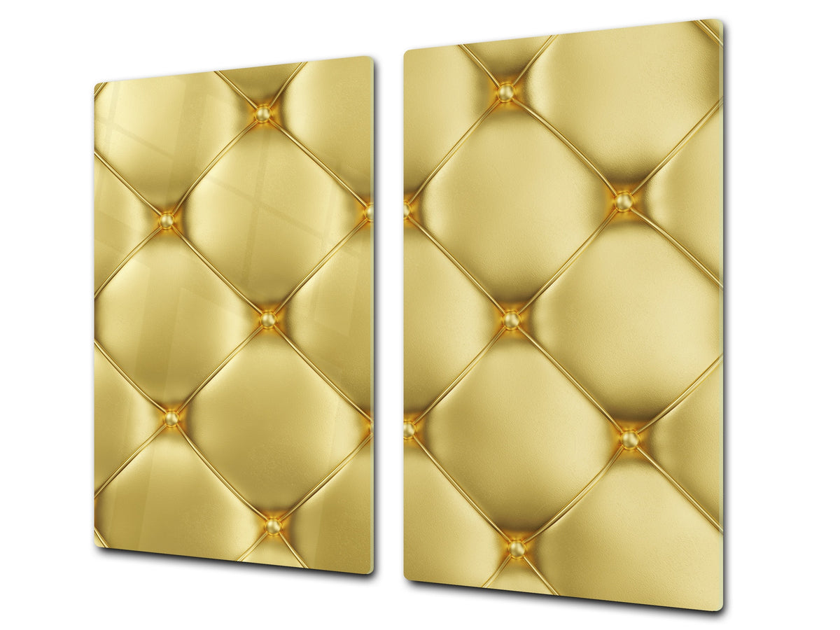 TEMPERED GLASS CHOPPING BOARD – Glass Cutting Board and Worktop Saver – Worktop protector; MEASURES: SINGLE: 60 x 52 cm (23,62” x 20,47”); DOUBLE: 30 x 52 cm (11,81” x 20,47”); D30 Decorative Surfaces Series: Golden leather upholstery 1