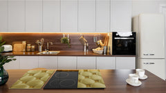 TEMPERED GLASS CHOPPING BOARD – Glass Cutting Board and Worktop Saver – Worktop protector; MEASURES: SINGLE: 60 x 52 cm (23,62” x 20,47”); DOUBLE: 30 x 52 cm (11,81” x 20,47”); D30 Decorative Surfaces Series: Golden leather upholstery 1