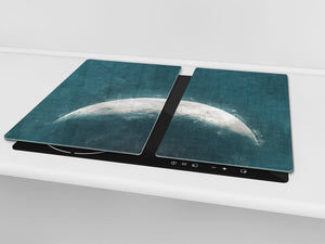 Induction Cooktop Cover –Shatter Resistant Glass Kitchen Board – Hob cover; MEASURES: SINGLE: 60 x 52 cm (23,62” x 20,47”); DOUBLE: 30 x 52 cm (11,81” x 20,47”); D32 Paintings Series: Rising moon