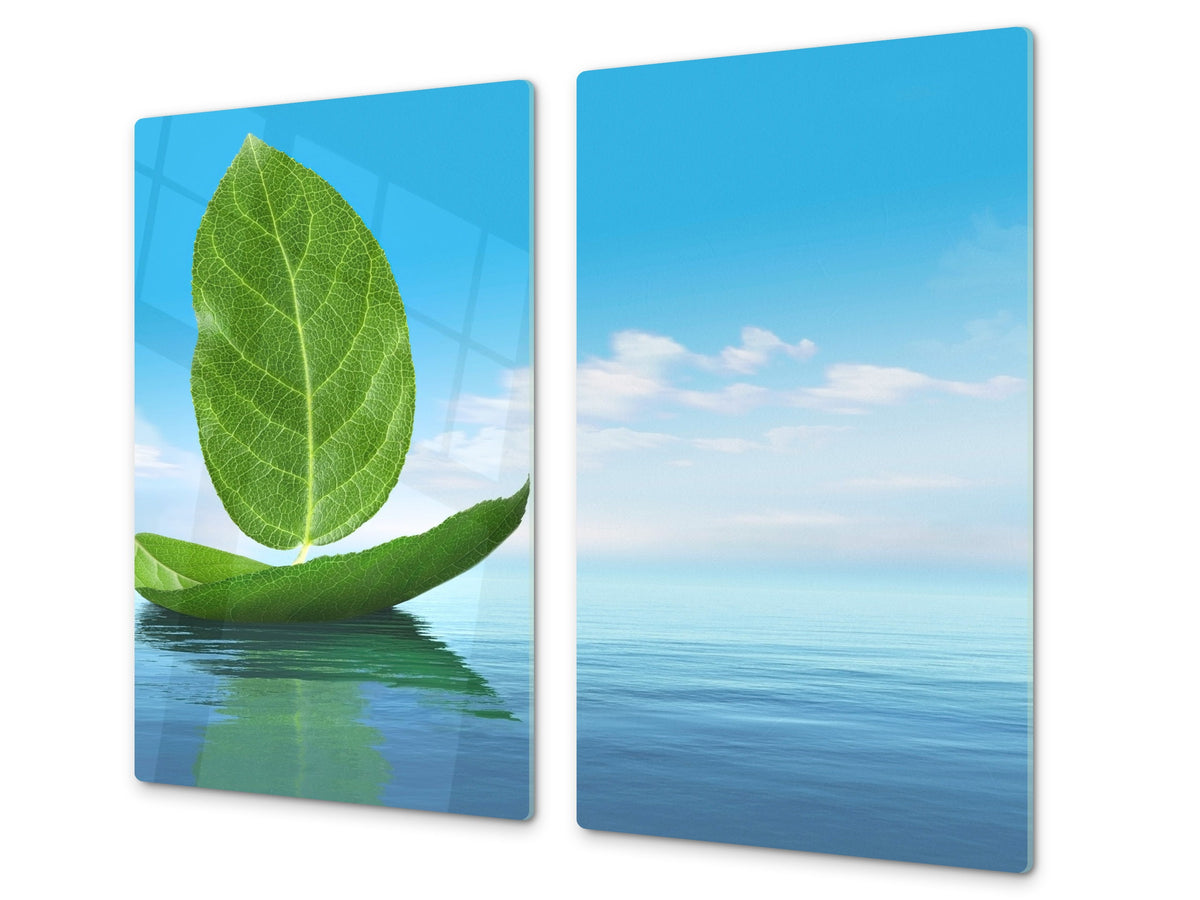 CUTTING BOARD and Cooktop Cover - Impact & Shatter Resistant Glass D02 Water Series: Leaves 10