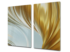Tempered GLASS Cutting Board – Worktop saver and Pastry Board –- Glass Kitchen Board; MEASURES: SINGLE: 60 x 52 cm (23,62” x 20,47”); DOUBLE: 30 x 52 cm (11,81” x 20,47”); D28 Golden Waves Series: Gold satin background