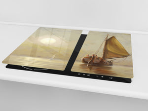 Cubre vitrocerámica y tabla de cortar de cristal templado – Superficie de vidrio templado resistente D13 Serie Dibujos: Barco 1