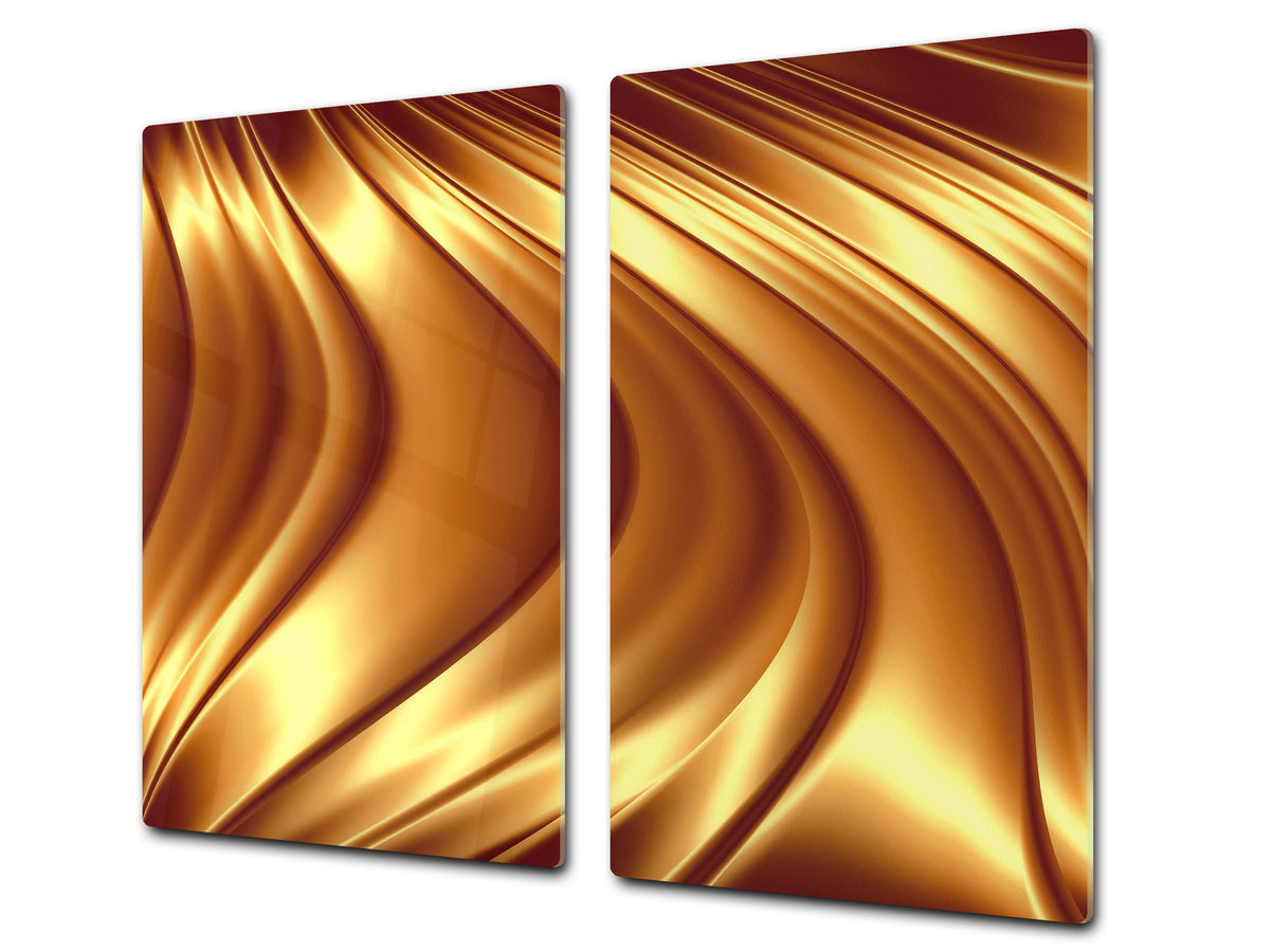 Tempered GLASS Cutting Board – Worktop saver and Pastry Board – Glass Kitchen Board; MEASURES: SINGLE: 60 x 52 cm (23,62” x 20,47”); DOUBLE: 30 x 52 cm (11,81” x 20,47”); D28 Golden Waves Series: Liquid gold 2