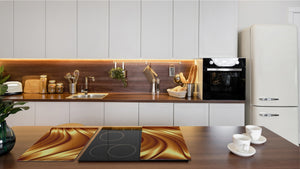 Tempered GLASS Cutting Board – Worktop saver and Pastry Board – Glass Kitchen Board; MEASURES: SINGLE: 60 x 52 cm (23,62” x 20,47”); DOUBLE: 30 x 52 cm (11,81” x 20,47”); D28 Golden Waves Series: Liquid gold 2