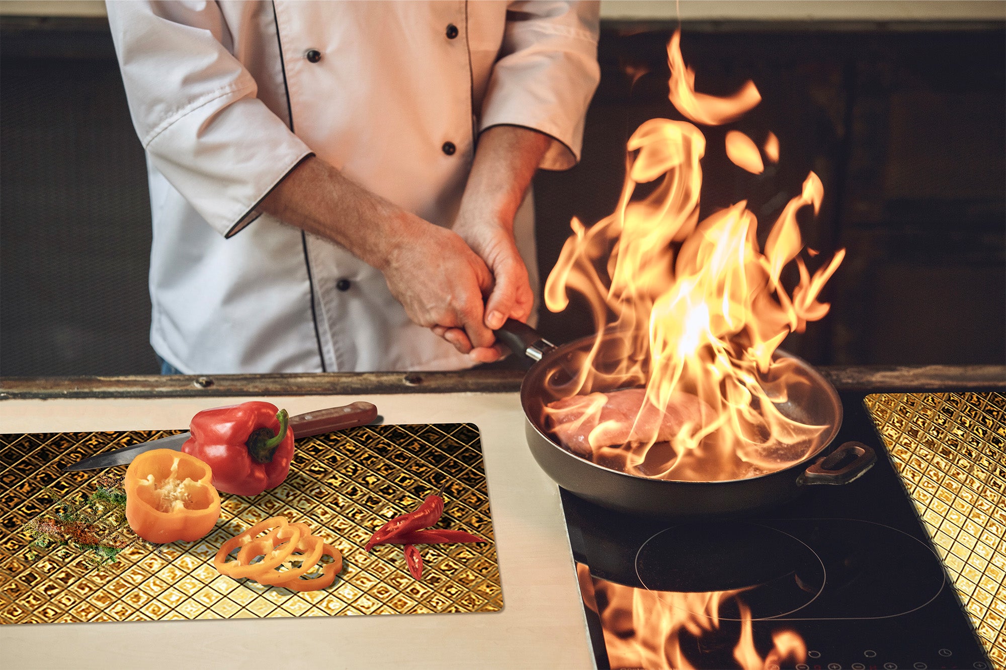 Tempered GLASS Cutting Board – Worktop saver and Pastry Board –- Glass Kitchen Board; MEASURES: SINGLE: 60 x 52 cm (23,62” x 20,47”); DOUBLE: 30 x 52 cm (11,81” x 20,47”); D28 Golden Waves Series: Sparkling pattern