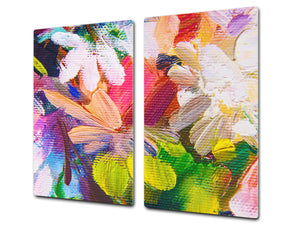 Induction Cooktop Cover –Shatter Resistant Glass Kitchen Board – Hob cover; MEASURES: SINGLE: 60 x 52 cm (23,62” x 20,47”); DOUBLE: 30 x 52 cm (11,81” x 20,47”); D32 Paintings Series: Impressionist flowers