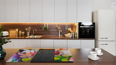 Induction Cooktop Cover –Shatter Resistant Glass Kitchen Board – Hob cover; MEASURES: SINGLE: 60 x 52 cm (23,62” x 20,47”); DOUBLE: 30 x 52 cm (11,81” x 20,47”); D32 Paintings Series: Impressionist flowers